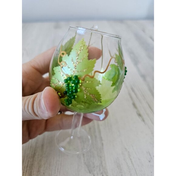 Grapes wine glass goblet champagne glitter green ornament Xmas tree - Picture 2 of 8
